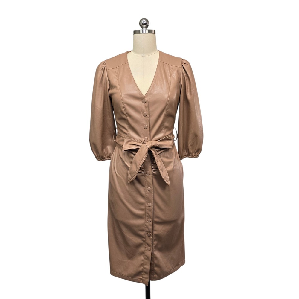 House of Harlow 1960 Faux Leather Button Front Belted Dress Tan Brown Womens XS